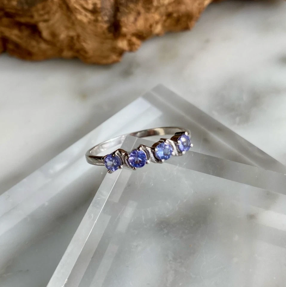 Anel fino sólido 950 platina quatro pedras com corte redondo azul simulado tanzanita - Imagem 3 de 4