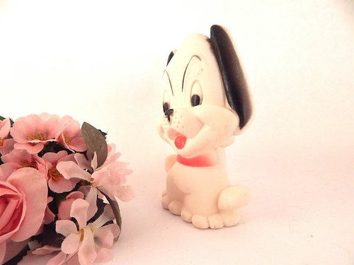 Squeak Toy Puppy White & Black Rubber Dog VTG 1965 Baby Joy Boomer Collectible - Picture 3 of 5