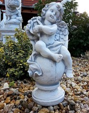 Statue, Steinfigur "Engel auf Kugel mit Harfe" 48 cm, Steinguss Gartendekoration