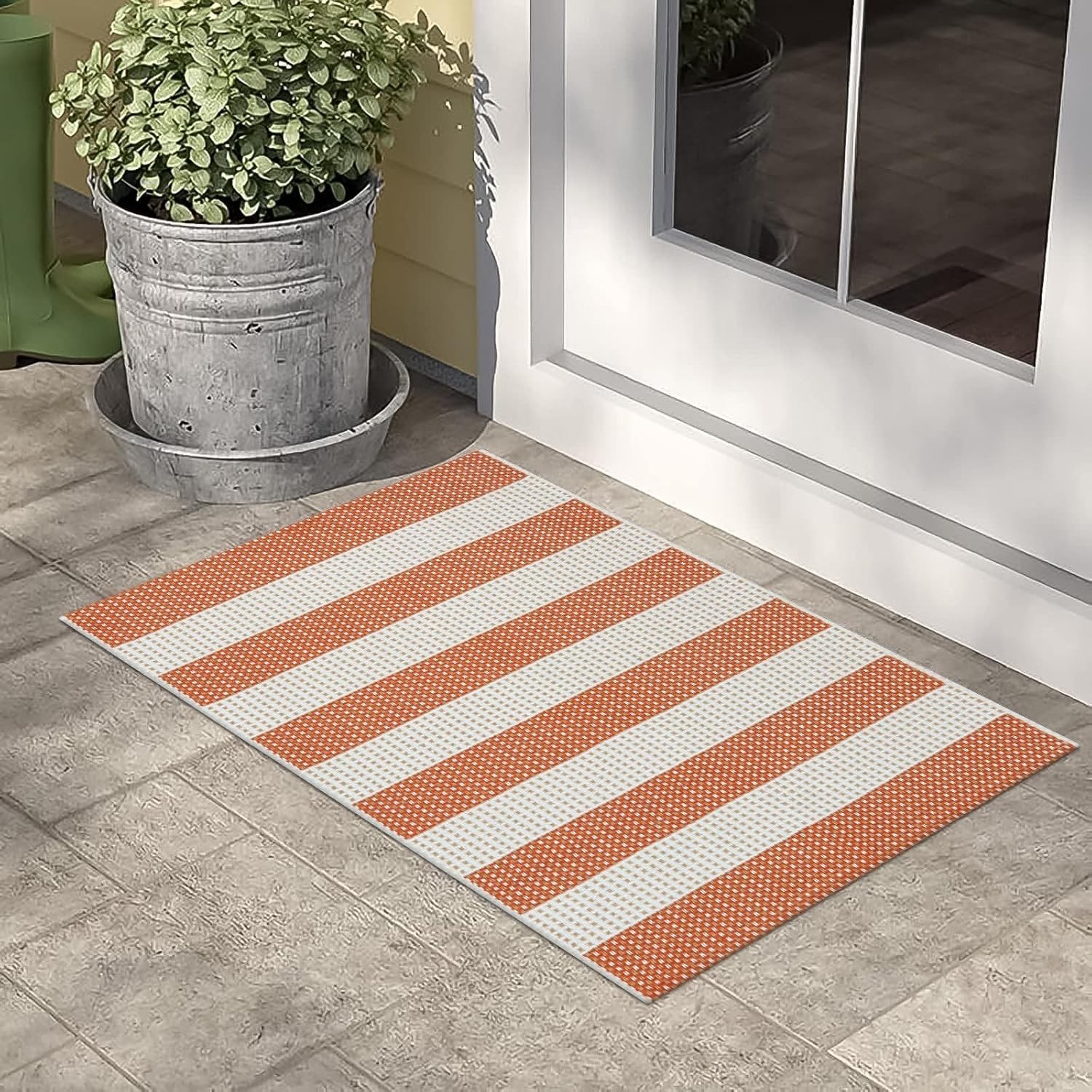 Orange & White Striped Washable Outdoor Door Mat for Front Porch