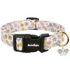 Medium Dog Collar, Spring Dog Collars with Purple Flowers  Butterfies Patter...