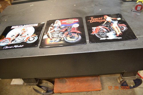 Set of Three Harley-Davidson Embossed Tin Signs by Ande Rooney.
