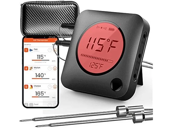 Nutrichef Bluetooth Meat Thermometer for Grilling Smoking, Travel Case, Wireless