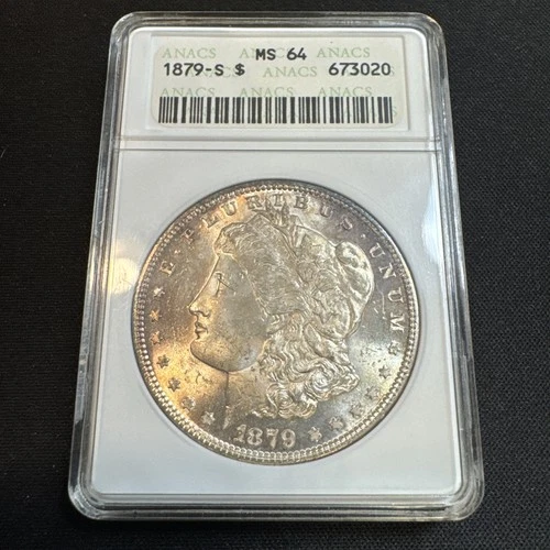 1879-S Morgan Silver Dollar ANACS MS64 Soapbox holder Light Toning looks Gem!