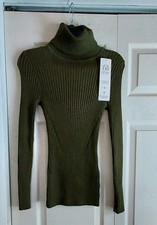 Turtleneck Top Olive Green Stretch Ribbed Knit Long Sleeve Sweater Small Layer