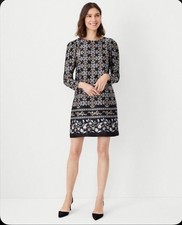 Ann Taylor Womens Floral Puff Sleeve Satin Shift Dress Black Small NWT