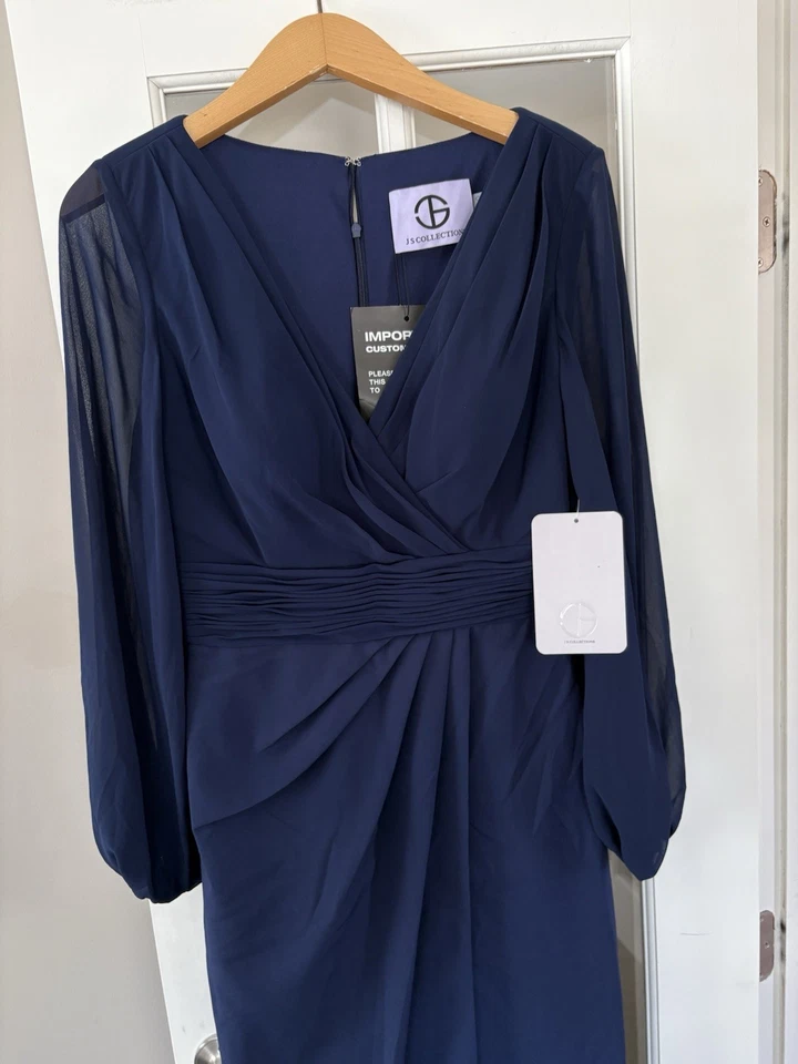 NWT JS Collections Navy V Neck Dress Floor Length Sheer Sleeves Size 10 - Image 2 of 4