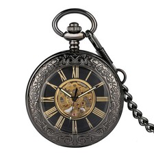 Bronze Women Men Mechanical Hand Wind Pocket Watch Roman Number Dial FOB Chain