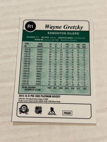 2015-16 Cubierta superior O-Pee-Chee Platinum Wayne Gretzky #R1 Engrasadores retro G3 - Imagen 2 de 2