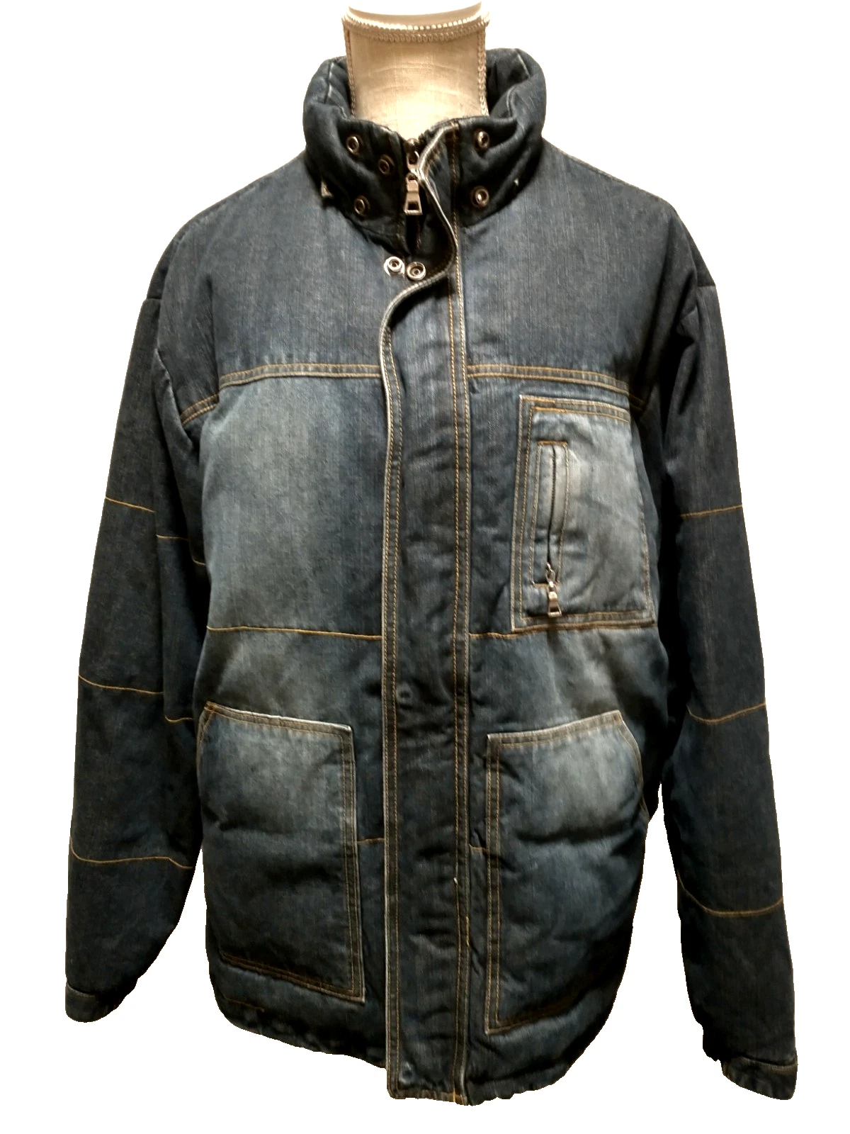 Eigenpost Men's Blue Distressed Denim 60% Down 40% Feathers Insulated Jacket L