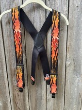 Black Orange Flame Suspenders Adjustable Elastic, No Slip Back Clips Biker Y2K
