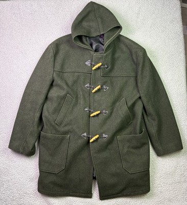 VTG Schott NYC Duffle Coat Mens 46 Green Wool Toggle Over Coat USA Hooded Pea