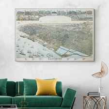 1885 Bird’s Eye Map of Galveston Texas – Harbor, Buildings & Urban Layout