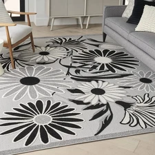 Black White Floral Outdoor Rug 5X7 Durable Easy Clean Low Profile Design