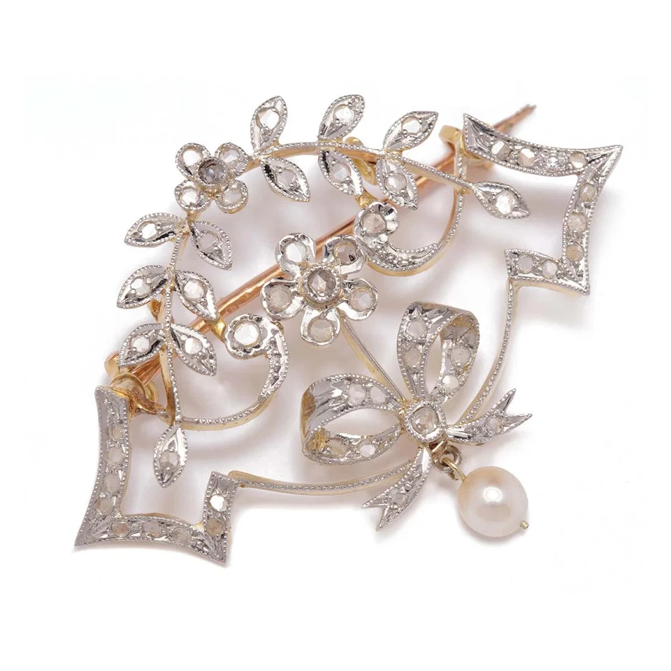 Vintage Brosche aus 750er Gold 18K 1 Perle 56 Diamanten ca.0.75ct Gewicht 7,33g - Bild 2 von 4