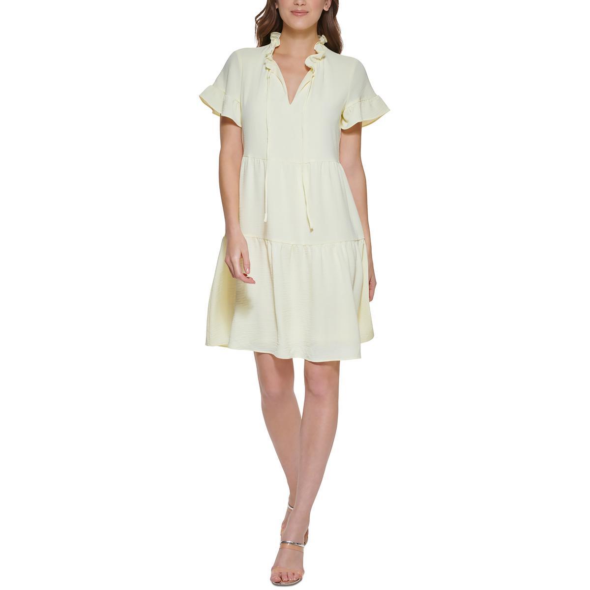 Женское короткое платье-сорочка с оборками цвета слоновой кости DKNY 4 BHFO 4721