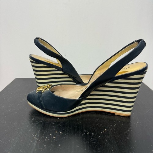 Michael Kors Rochelle Sandal Womens 7.5M Blue Peep Toe Slingback Wedge MK Logo - Picture 7 of 12