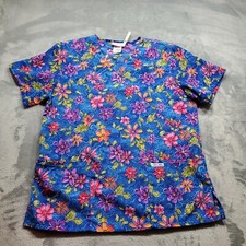 Cherokee V-Neck Scrub Top Multicolor Spring Flowers 2 Pockets Drawstring Wm Sz M