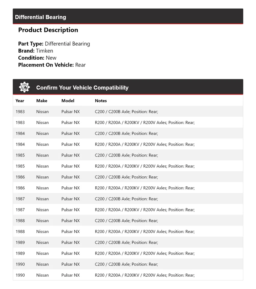 Cojinete diferencial trasero Timken 1984 1985 1986 para Nissan Pulsar NX 1983-1990 Foto 2 de 4