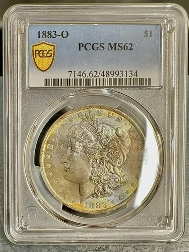 1883 O MORGAN SILVER DOLLAR PCGS MS62 GOLD SHEILD COLORFUL TONING