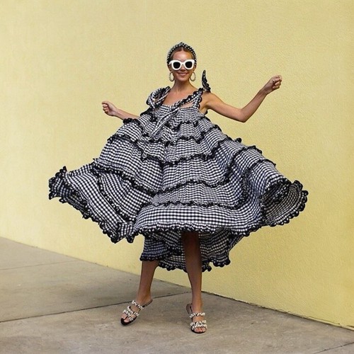 Innika Choo Scallop Frill Iva Biigdres Black White Gingham Maxi Dress Sz 1 AU 10