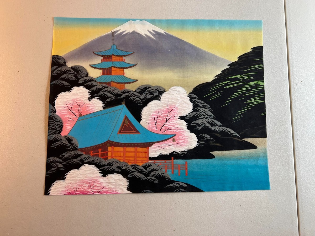 Japanese Painted Silk Screen Print Mt. Fuji Water w/ House