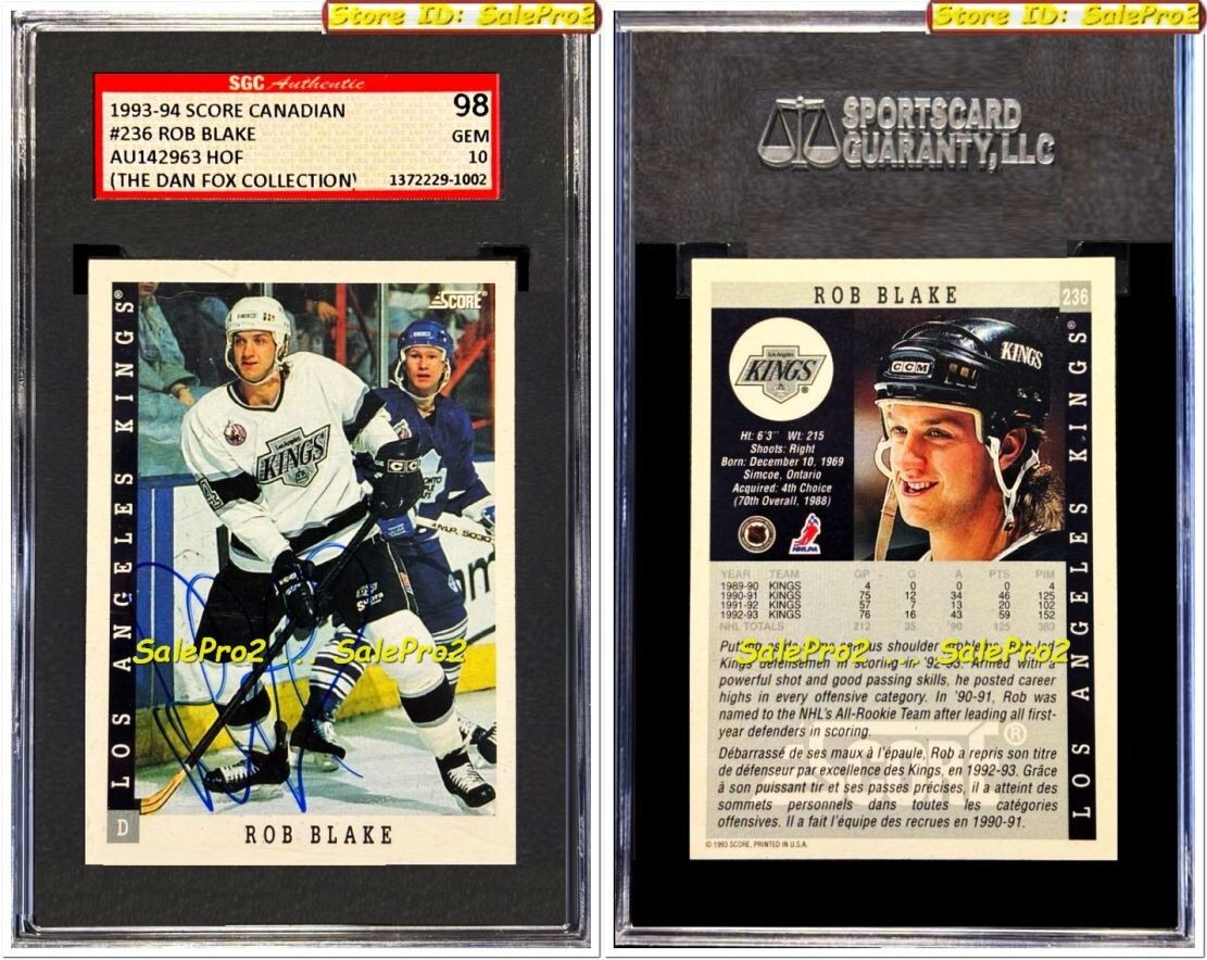 SCORE 1993 ROB BLAKE LOS ANGELES KINGS RARE GRADED AUTOGRAPH SGC 98 GEM MINT 10