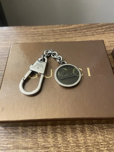 Gucci Vintage Silver Cursive Logo Keychain Bag Charm, With Box, Made In Italy 