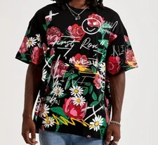 First Row Allover Rose Bloom Graphic Print Fashionable Men's Black T-Shirt New. 