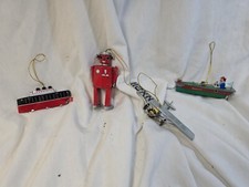 Schylling Tin Toy Ornament Lot Ocean Liner, Airplane, Speedboat, Atomic Robot