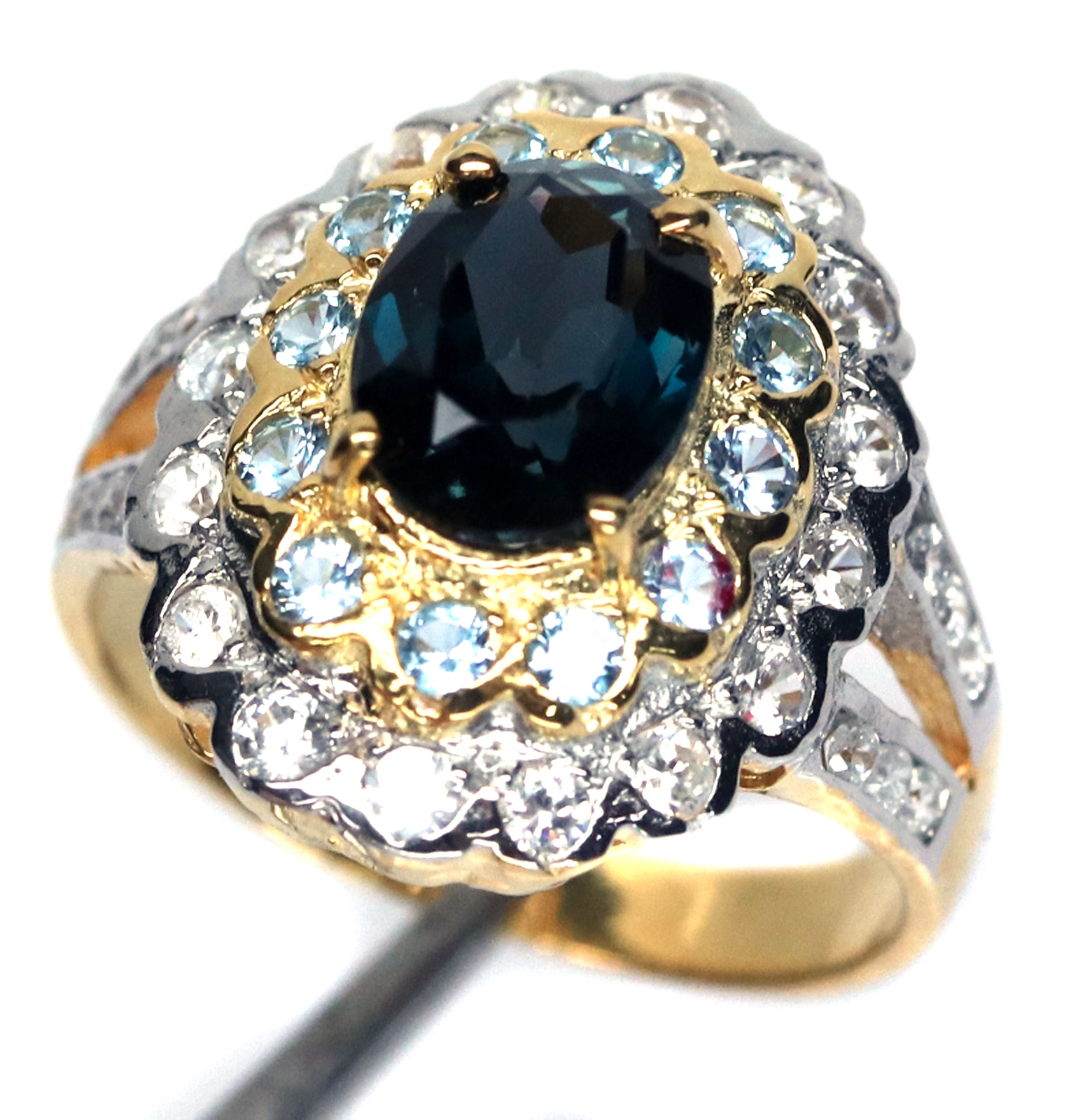 Bague Demi-alliance Argent 925 Avec Topaze Bleue - Taille 7, Largeur 3mm, Neuve