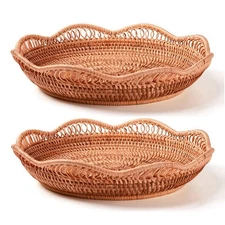 2 Pack Large Wicker Bread Basket Lacy Round Fruit Basket Natural Woven Bread ...