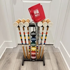 Forster Croquet Set Wooden Mallets Balls Rack Made in USA 4 Flags 8 Wickets