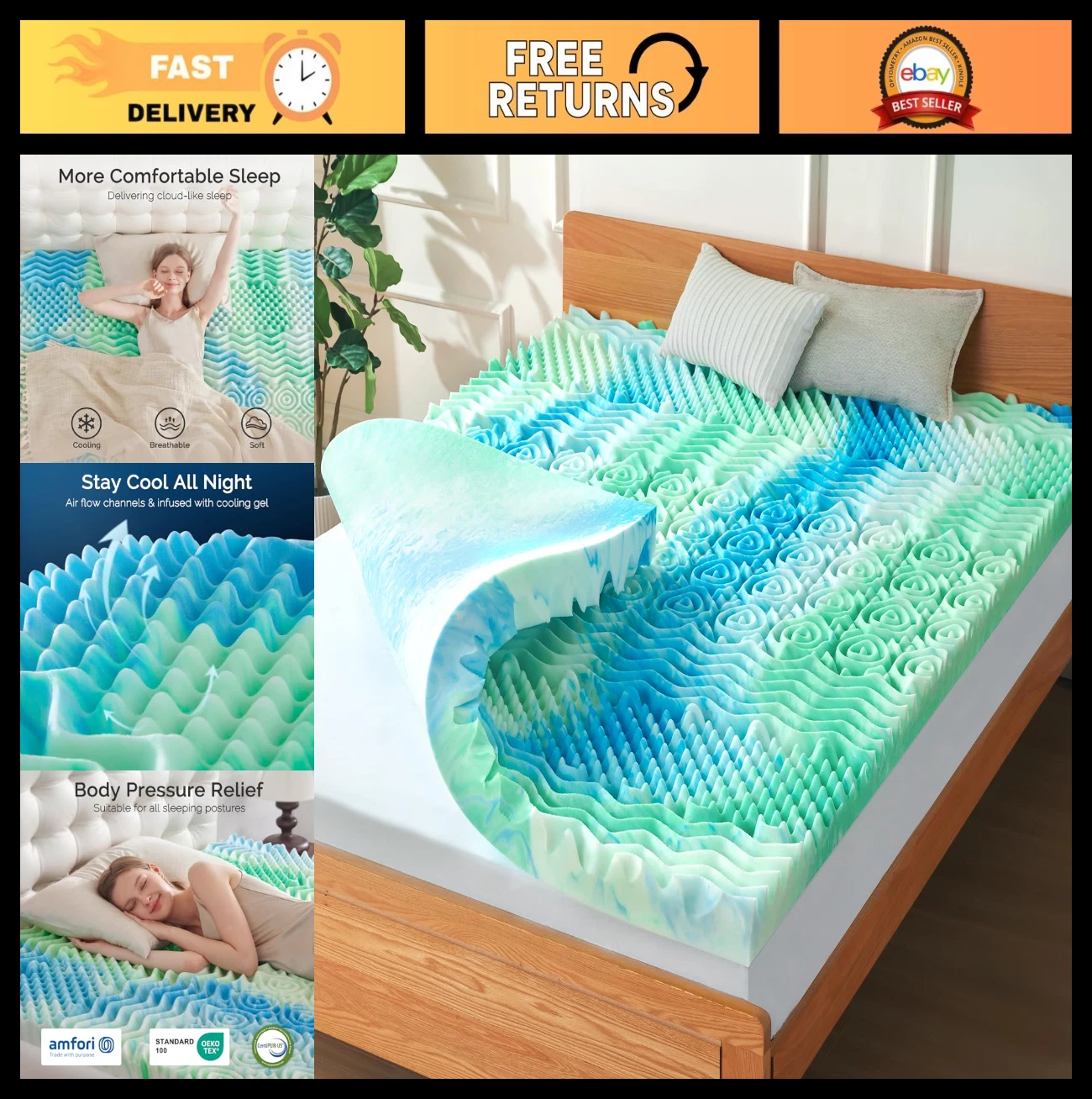 3" 7-Zone Memory Foam Mattress Topper - Cooling Gel Infused Bed Pad for Pressure