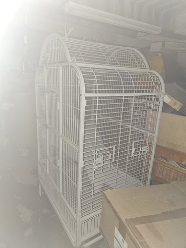 Large White Metal Dometop Bird Cage with Front Door and Food Dish Holders