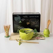 Matcha Tea Set 8-Piece Ceramic Speckled Design with Teapot Whisk - Complete...