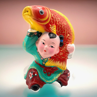 VTG Chinese New Year Child Carrying Koi Fish Figurine Clay Mudman Statue 5.5 
