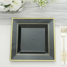 Plastic Black 10" Square Plates with Gold Rim Disposable Party Wedding TABLEWARE