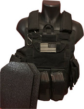 Black Tactical Vest Plate Carrier With Plates- 2 8x10 curved Plates