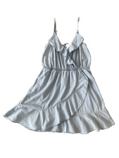 Express Size M V-Neck Ruffled Denim Chambray Faux Wrap Mini Dress Light Blue