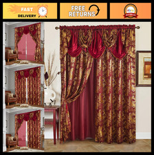 Luxury Jacquard 2 Panel Curtain Set Burgundy Gold Valance Backing 55x84" for Hom