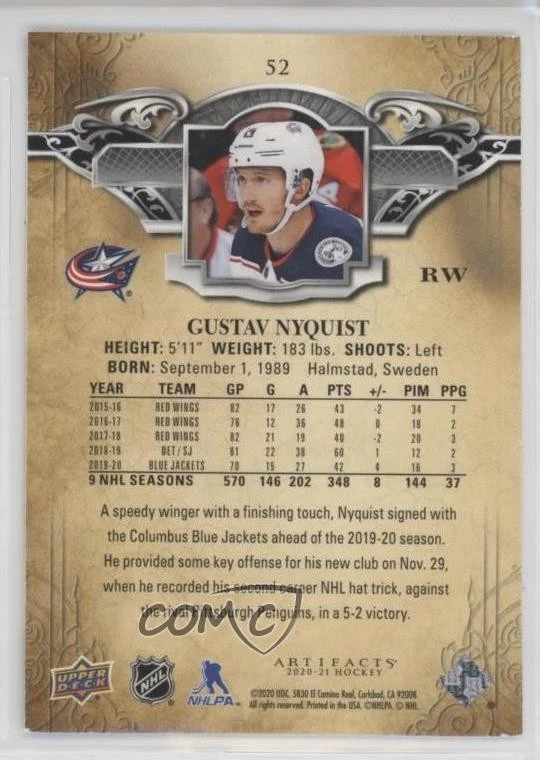 2020-21 Upper Deck Artifacts Emerald /99 Gustav Nyquist #52 - Image 2 of 2