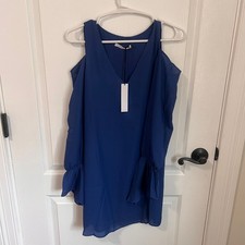 Three Eighty Two Womens Cold Shoulder Shift Dress Royal Blue V-Neck XS NWT