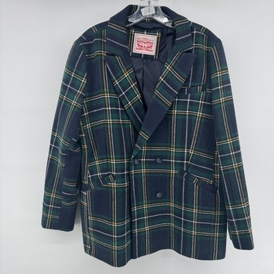 Levi's Mens L Green Navy Tartan Plaid Wool Blend Double Breasted Peacoat 44