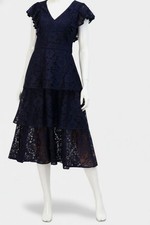 Kensie Women's Blue Tiered Lined V-Neck Sleeve Flutter Lace MIDI Dress Size 4