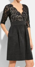 Eliza J Dress Womens 6P Black Cocktail Fit & Flare Eyelash Lace V Neck Romantic
