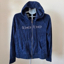 bebe Sport Velour Zip-Up Hoodie Large Navy Blue Rhinestone Logo Y2K Style Bling