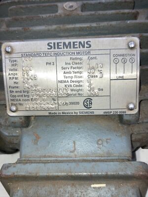 Siemens RGZ Standard TEFC Induction Motor 1HP 3 Phase 1445RPM