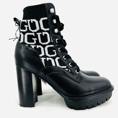 GUESS Women's Grows-R Ankle Boots Knit Logo  Platform Black/White Size 8.5 NWOB