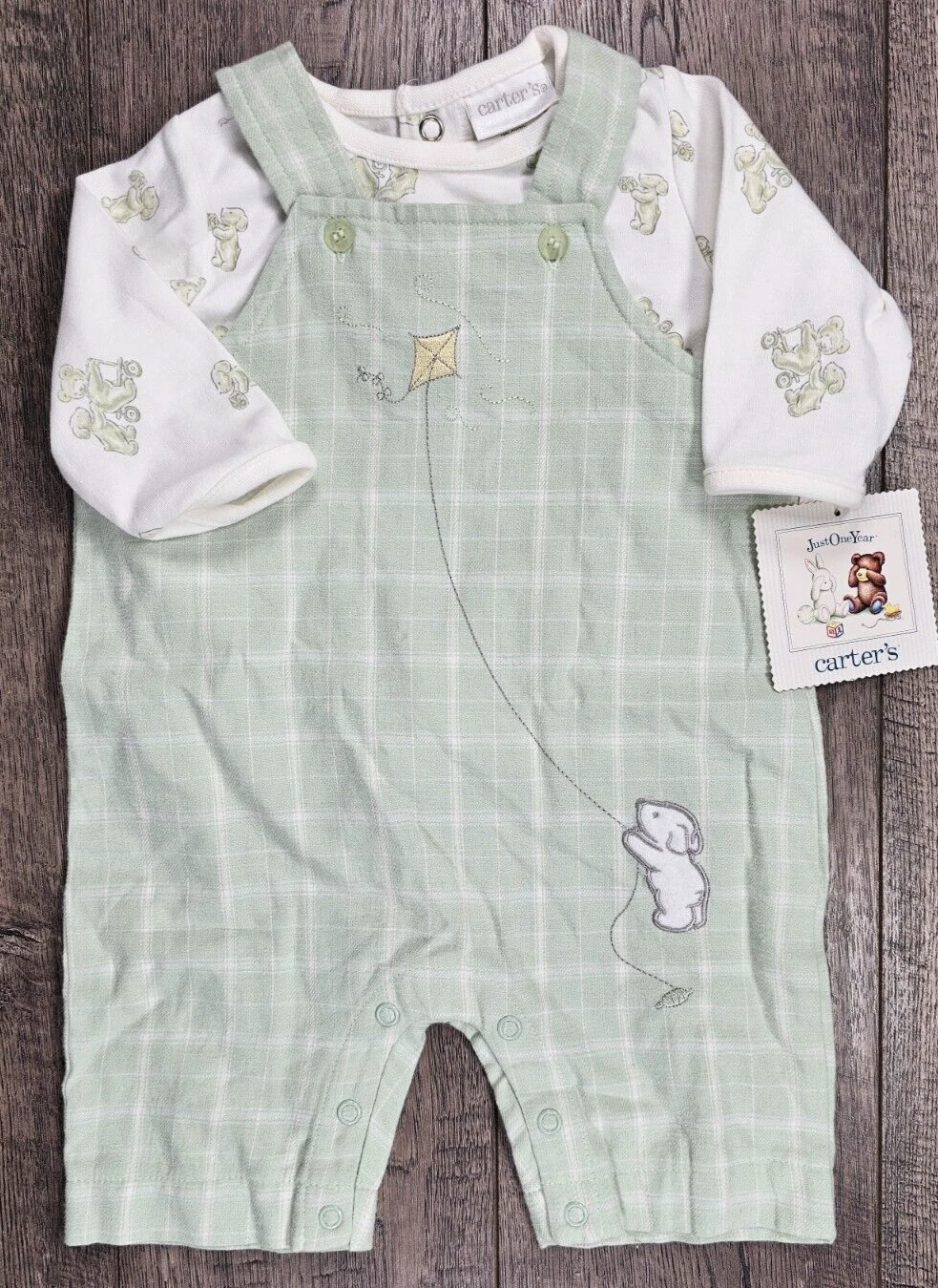 Baby Boy Clothes New Vintage Carter's 0-3 Month 2pc Bear Bunny Overalls Outfit
